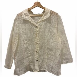 Cut Loose Elegant Old Money Cream Lace Mesh Linen Blend Button-up Top Size XL